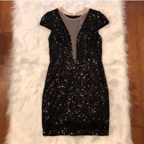 Aidan Mattox Sequin mini dress plunging illusion neck short dress Size 10 - Picture 3 of 16